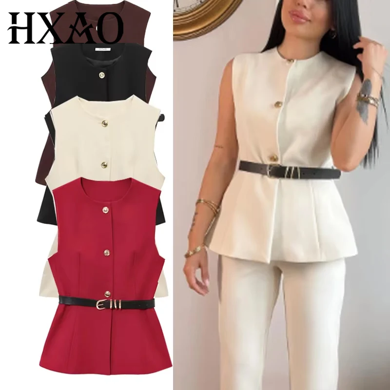

HXAO 2025 женский жилет, верхняя одежда, жилет без рукавов, женская куртка на пуговицах с поясом, летняя офисная одежда, жилет, костюм, жилет, повседневные пальто