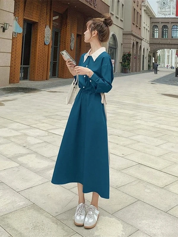 สลิมมิ่งยาว Sve irt Dr ผู้หญิงฤดูใบไม้ผลิฤดูใบไม้ร่วงใหม่ Sle สี Blo เอว Cinched Casual Universal Fit อื่นๆ