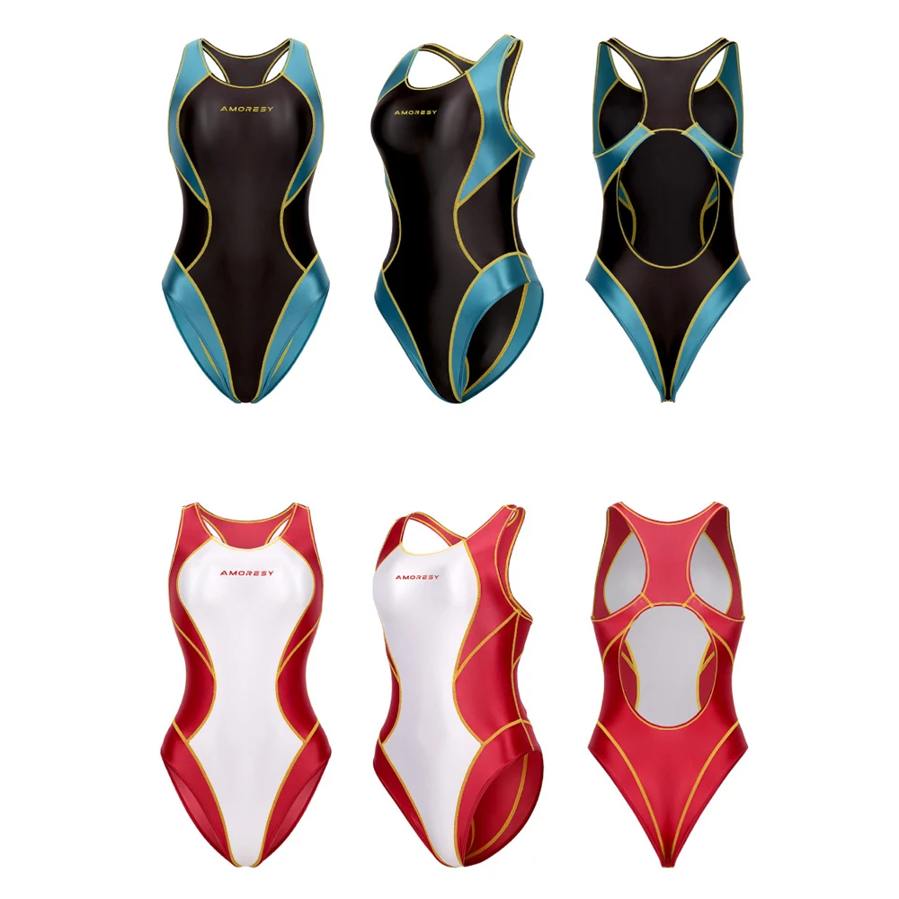 AMORESY Damen Hot Spring Glänzender Öl-Patchwork-Spandex-Body Rückenfreier Sanduhr-Leotard Einteiliger Badeanzug Wettkampf-Schwimmanzug – Detail 34
