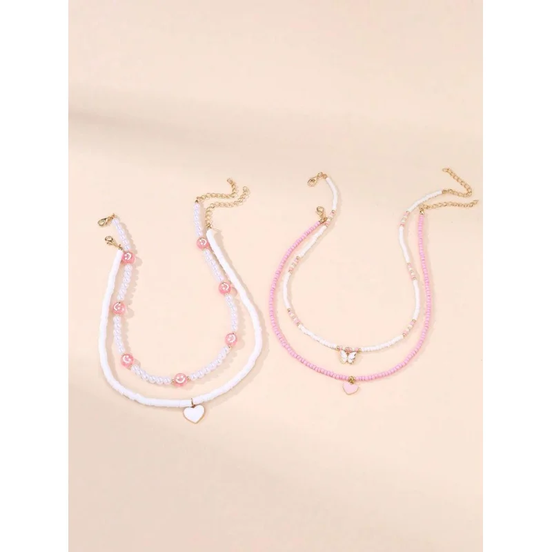 4pcs Girls’ Necklace Gift Set, Heart Butterfly & Face Charm Pendants, Perfect Present for Her
