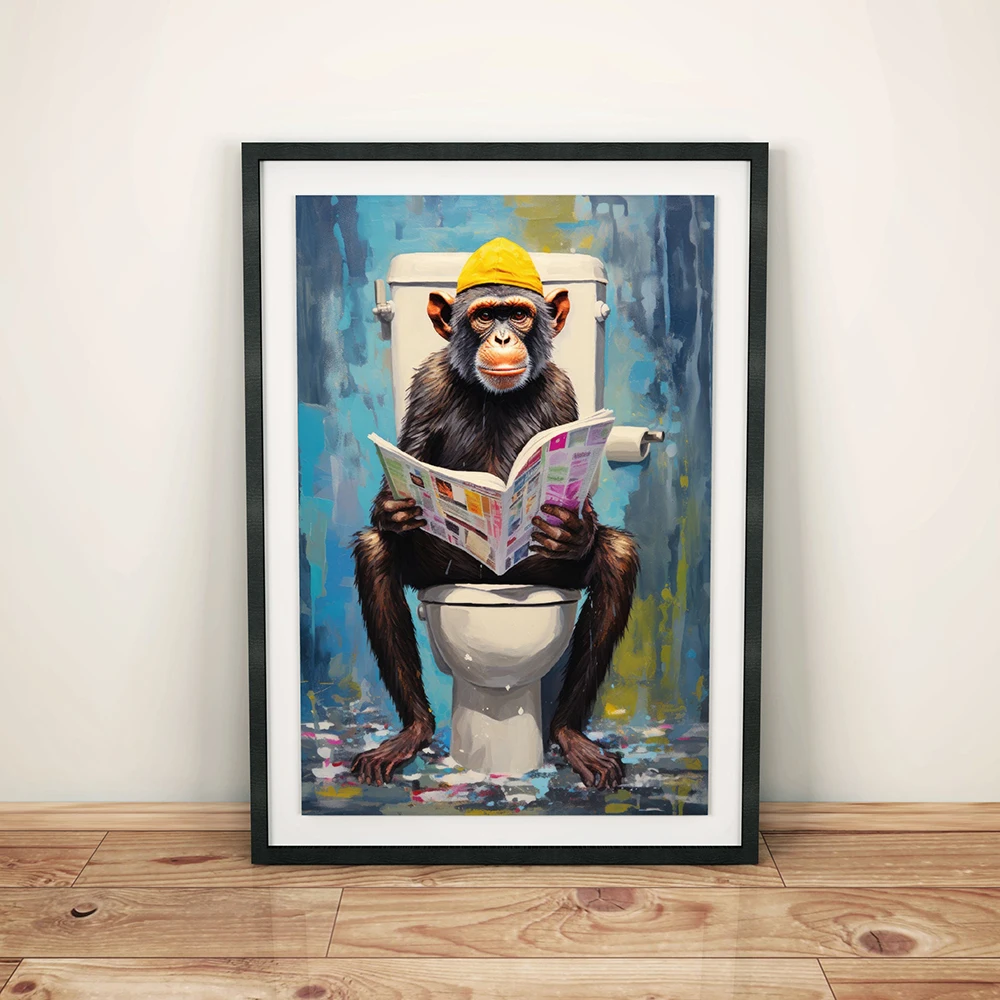 Śmieszne Zwierzęta Małpa Czytanie Gazety Na Toalecie Humor Plakaty Print Canvas Malarstwo Wall Art Obrazy Do Łazienki Home Decor