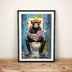 Funny Animals Monkey Reading Newspaper On Toilet Humor Posters Print Canvas Painting Wall Art Pictures for Bathroom Home Decor