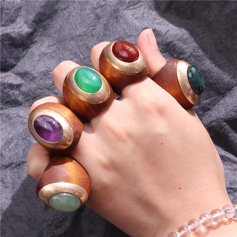 HUANZHI Natural Stone Wood Oval Metal Large Rings for Women Exaggerated Chunky Big Vintage Geometric New Jewelry