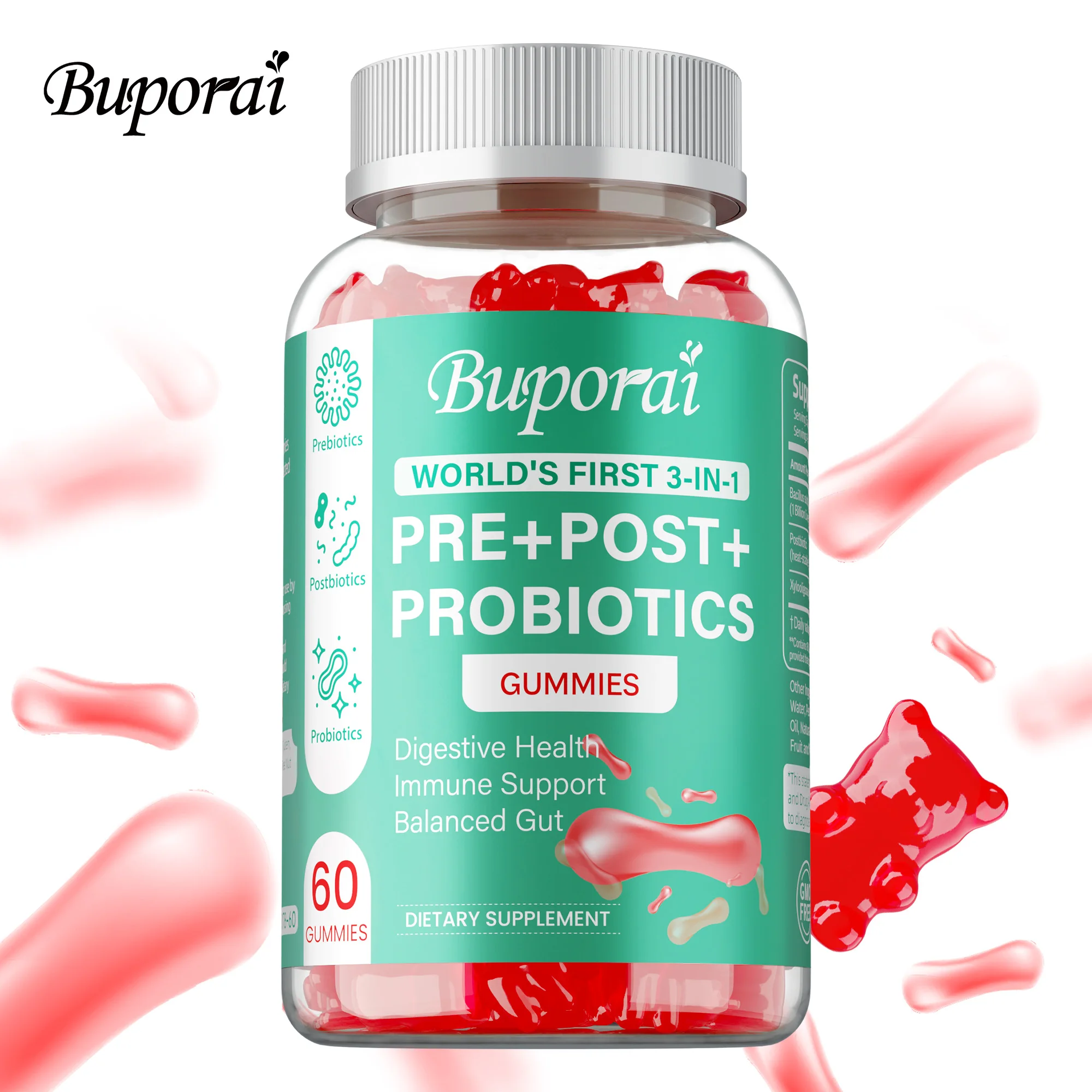 

Pre+Post+Probiotic Gummies - For Beneficial Intestinal Bacteria, Reduce Bloating, Helps with Digestive Health, Boosts Energy
