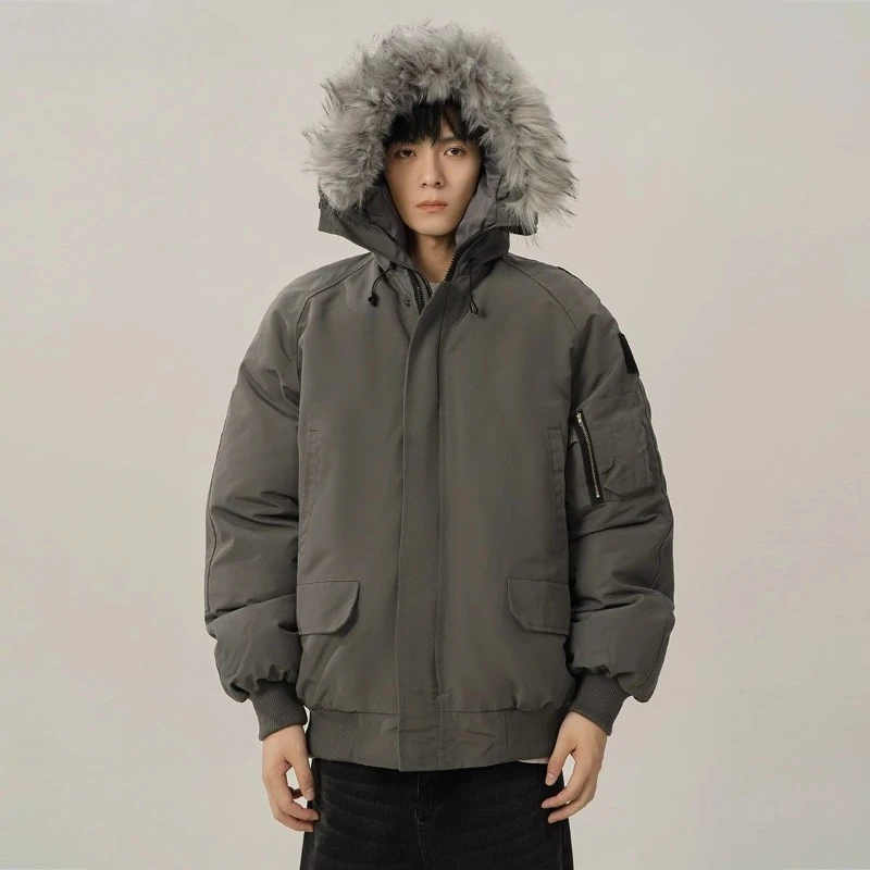 

​Heavyweight American Retro Parka for Men Winter Thermal Insulated Loose Gray Workwear Jacket with Fur Collar​
