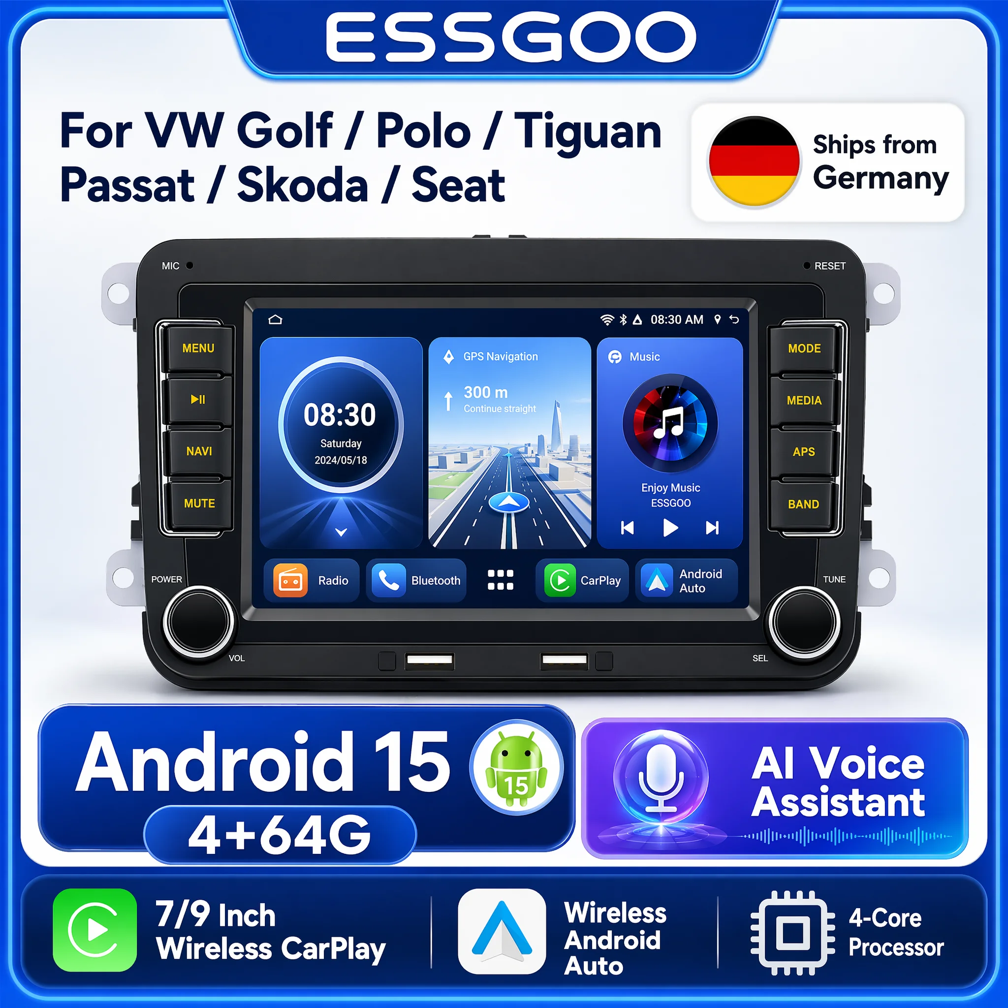 ESSGOO Android 15 Autoradio GPS für VW Volkswagen Skoda Octavia Golf 5 6 Touran Passat B6 Polo Jetta 2Din Multimedia-Player