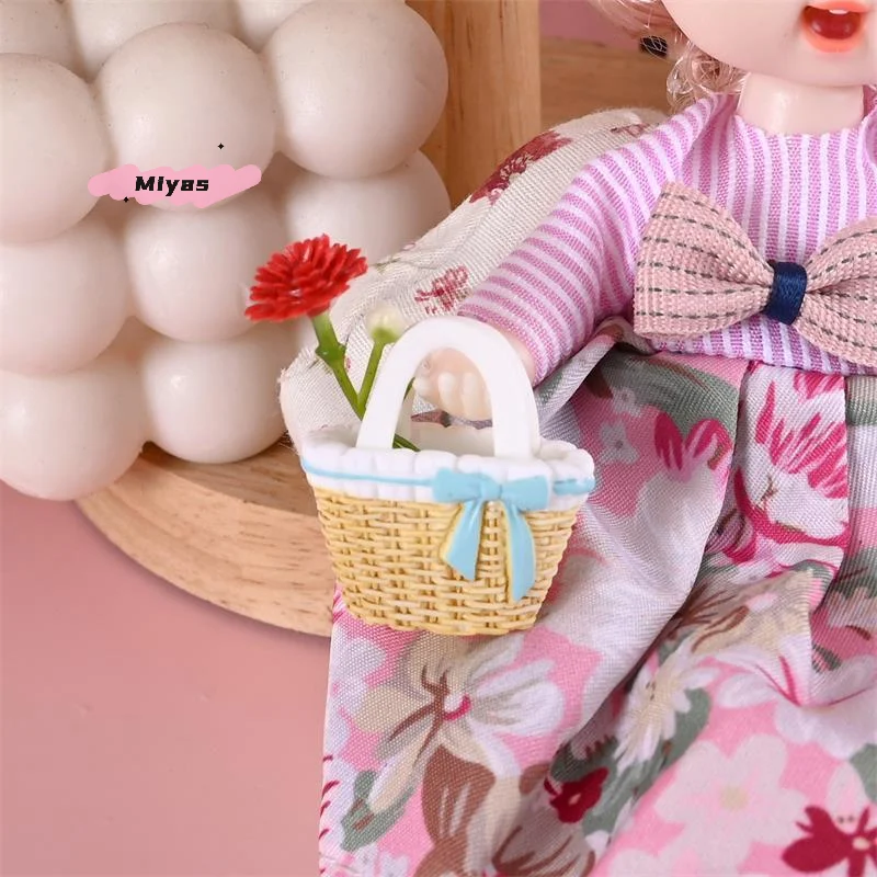 2/3Pcs Dollhouse Miniatures Rattan Bamboo Flower Basket Models Cute Doll House Accessories Decor Pretend Play Toys