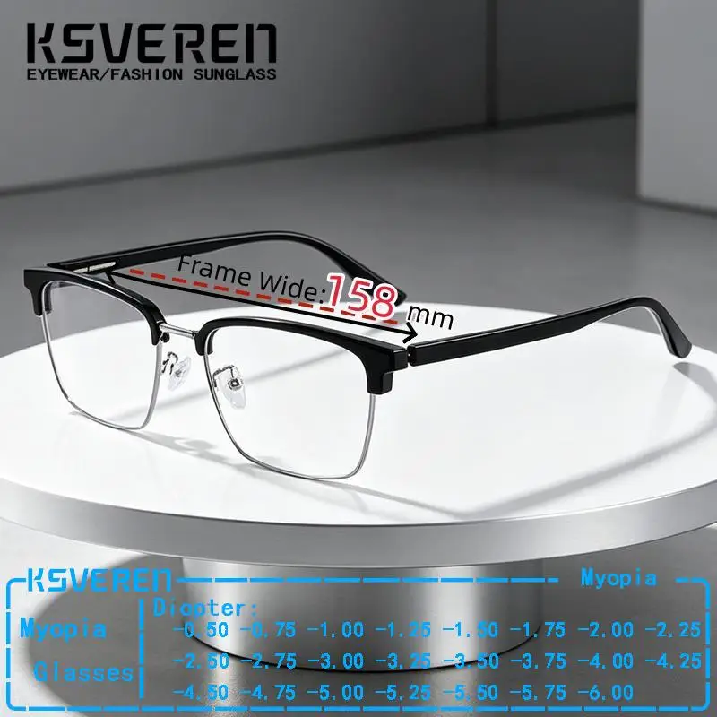 Lunettes de vue TR90 158mm surdimensionnées pour hommes, demi-monture, anti-lumière bleue, pour myopie, monture noire, dioptrie négative