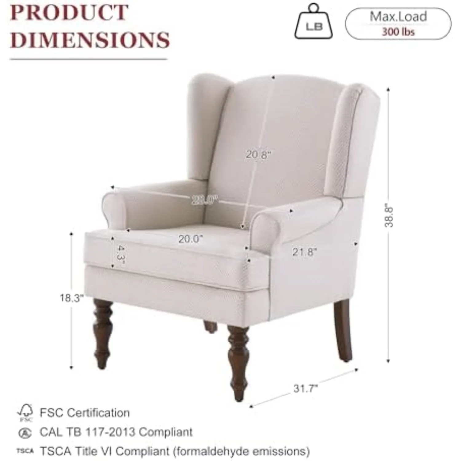 Printed Wingback Accent Chair, Linen Upholstered High Back Armchair, Comfy Reading Chair for Living Room Bedroom Study