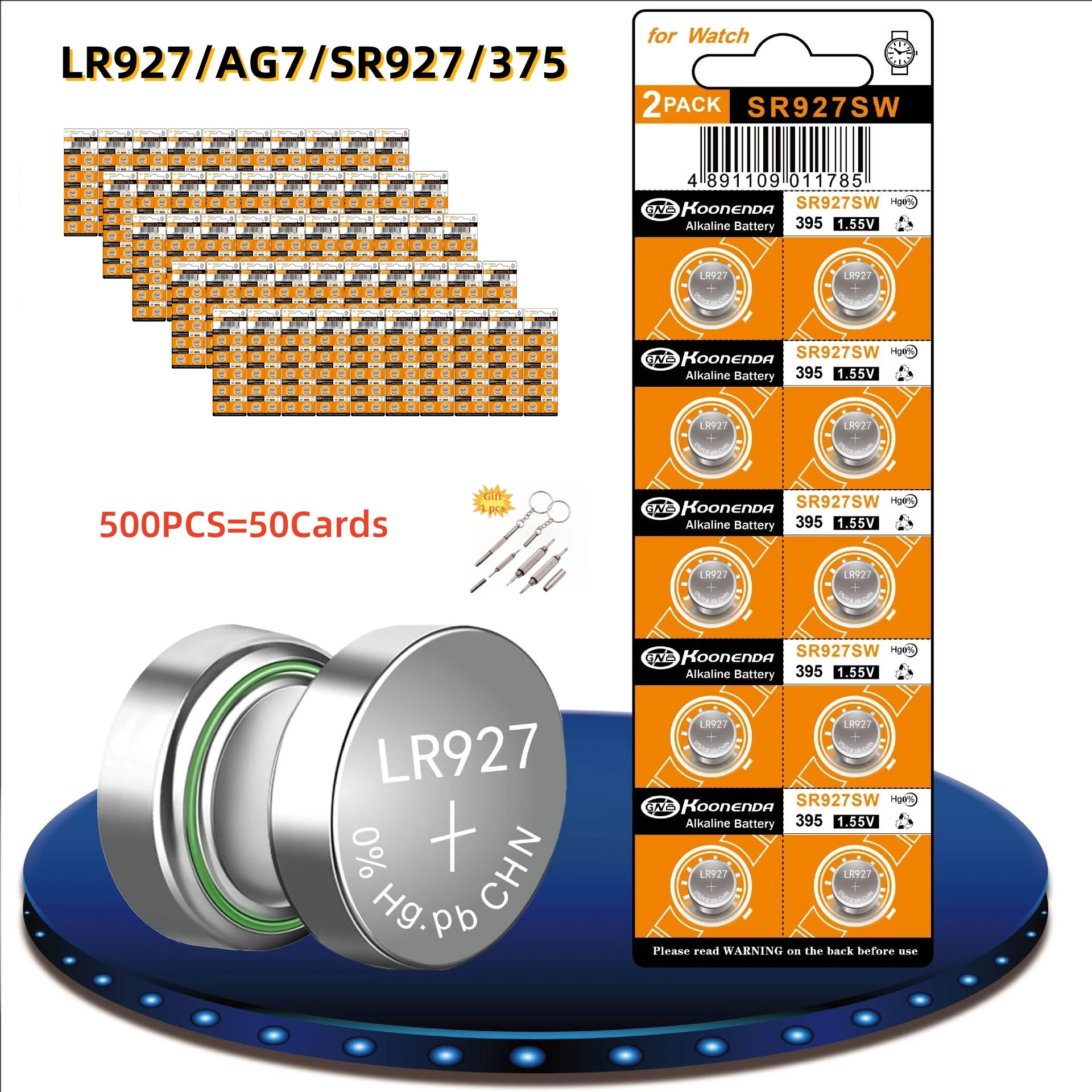 

500PCS AG7 Button Cell 1.55V Battery LR927 SR927W 375 GR927 Alkaline Battery for Watch Toys Remotes