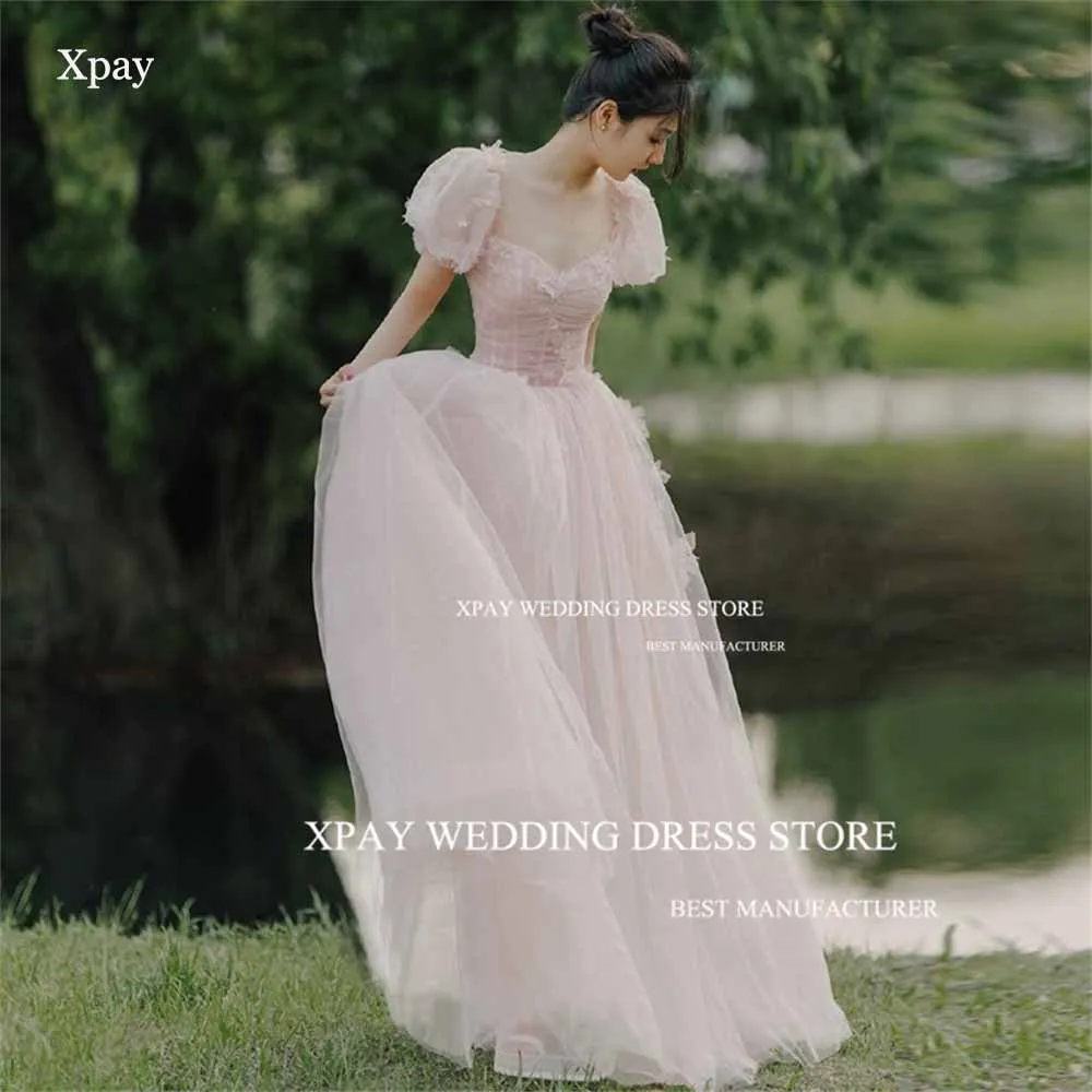 

XPAY Light Pink Sweetheart Korea A Line Evening Dresses Short Sleeve Formal Prom Gown Photo Shoot Fairy Tulle Custom Party Dress