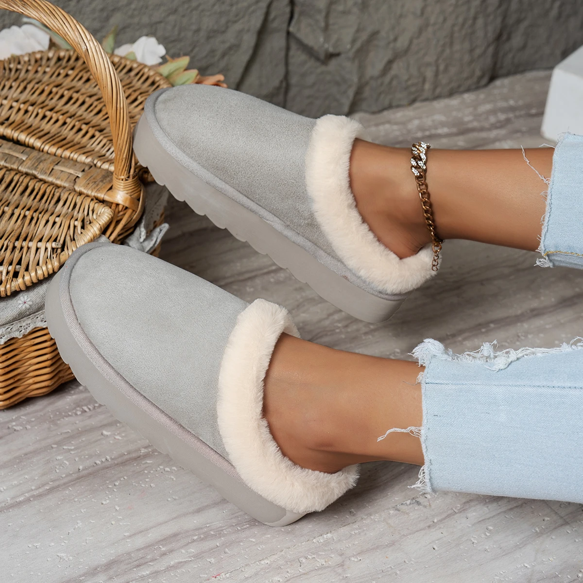 Wintermode Damen Flauschige Dicksohlige Freizeitschuhe, Dicksohlige Rutschfeste und Warme Hausschuhe mit Fellfutter – Detail 20