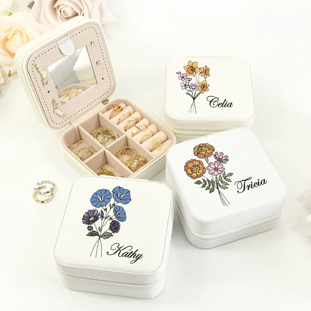 Personalise With Name Portable Travel Mini Jewelry Box Women Leather Storage Earrings Necklace Ring Jewelry Organizer Display