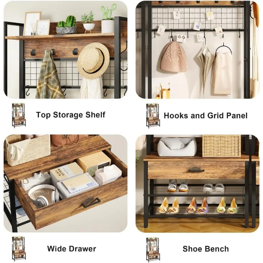 شجرة القاعة مع مقعد، وحدة تخزين الأحذية، ورف معطف المدخل يتميز بنمط صناعي وأدراج لـ 12 خطافًا