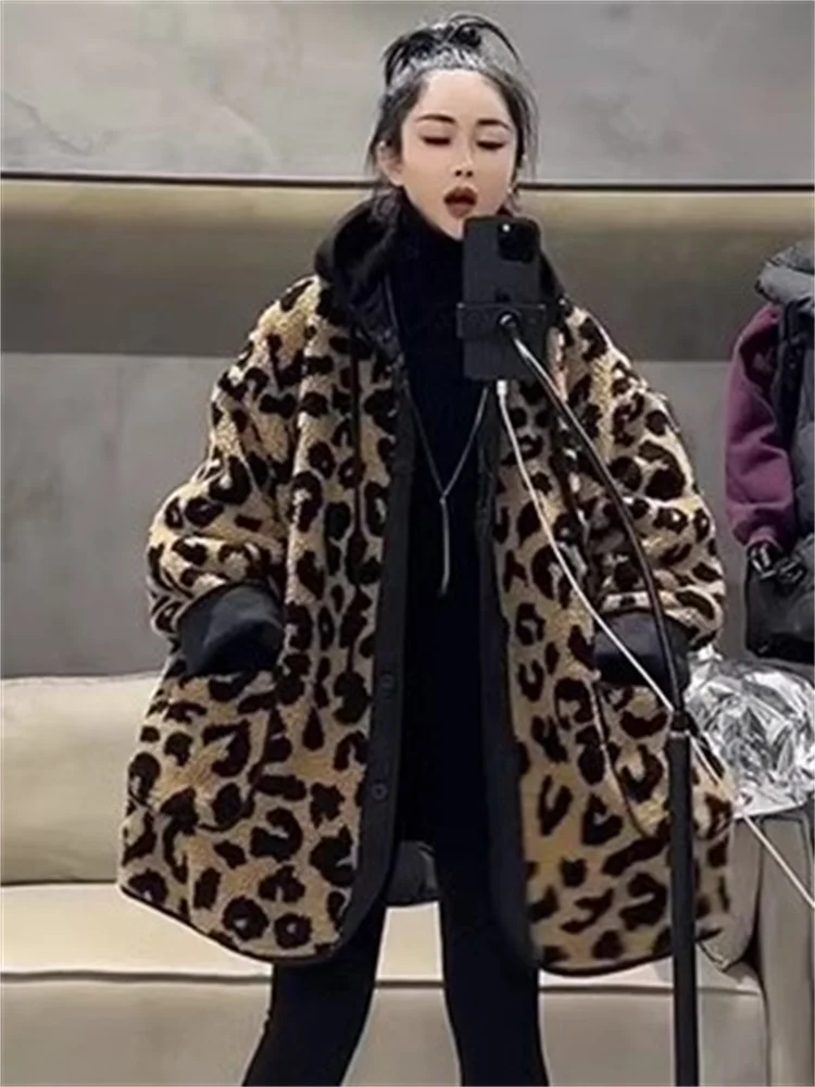 Leopard Print Long Lambswool Outwear Female 2023 Winter Loose High Quality Long Sleeve Hooded Padded Warm Cotton-padded Jacket