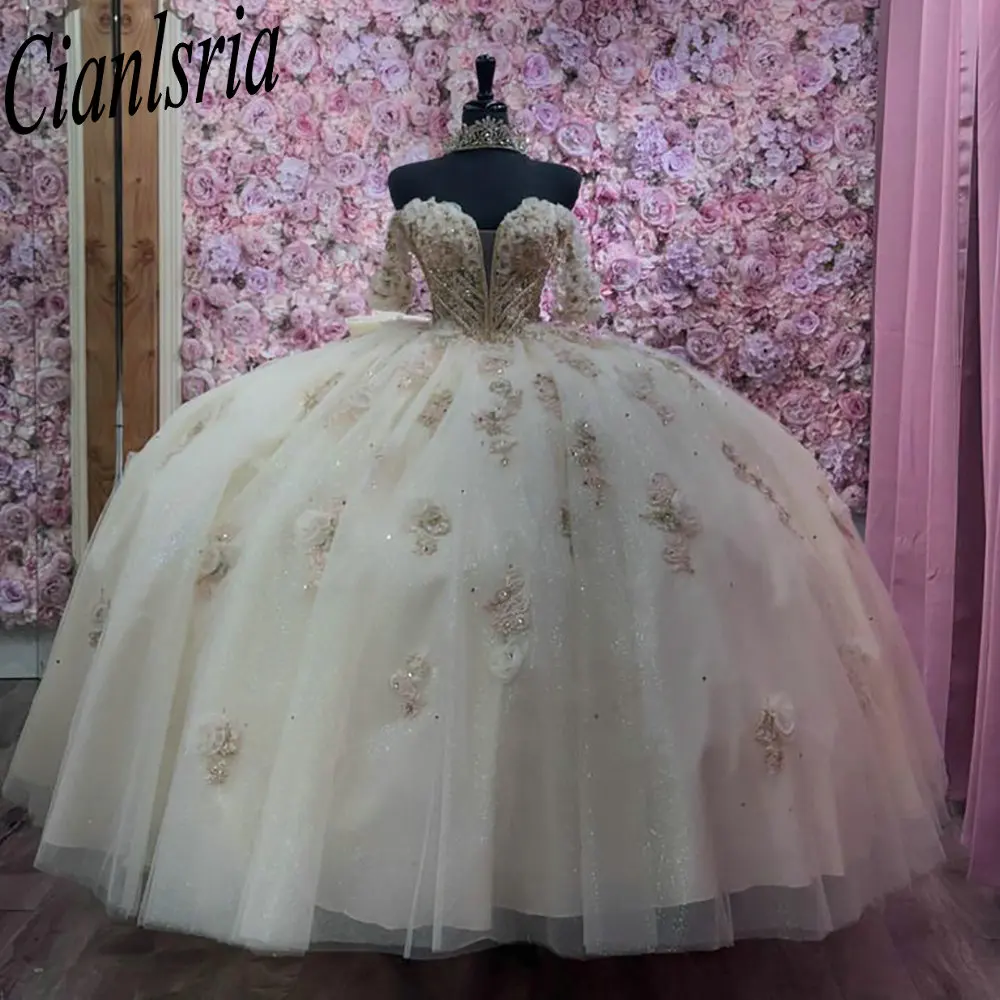 Robes de Quinceanera en cristal de perles de fleurs 3D champagne, robe de Rh, nœud en dentelle, corset personnalisé, appliques éducatives, XV Anos