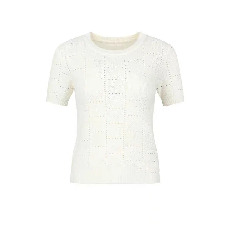 2025 verão oco malha camisola t feminino sólido coreano elegante senhoras malhas topos de manga curta em torno do pescoço chique jumpers