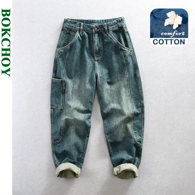 Spring Autumn New Retro Cargo Jeans Men Clothing Cotton Loose Casual Men Trousers AG7163