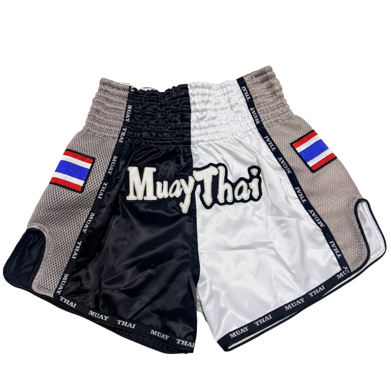 Adult Kids MMA Muay Thai Boxing Shorts Elastic Waist Satin Split Color Fight Shorts Mesh Side Thailand Flag Patch for Kickboxing