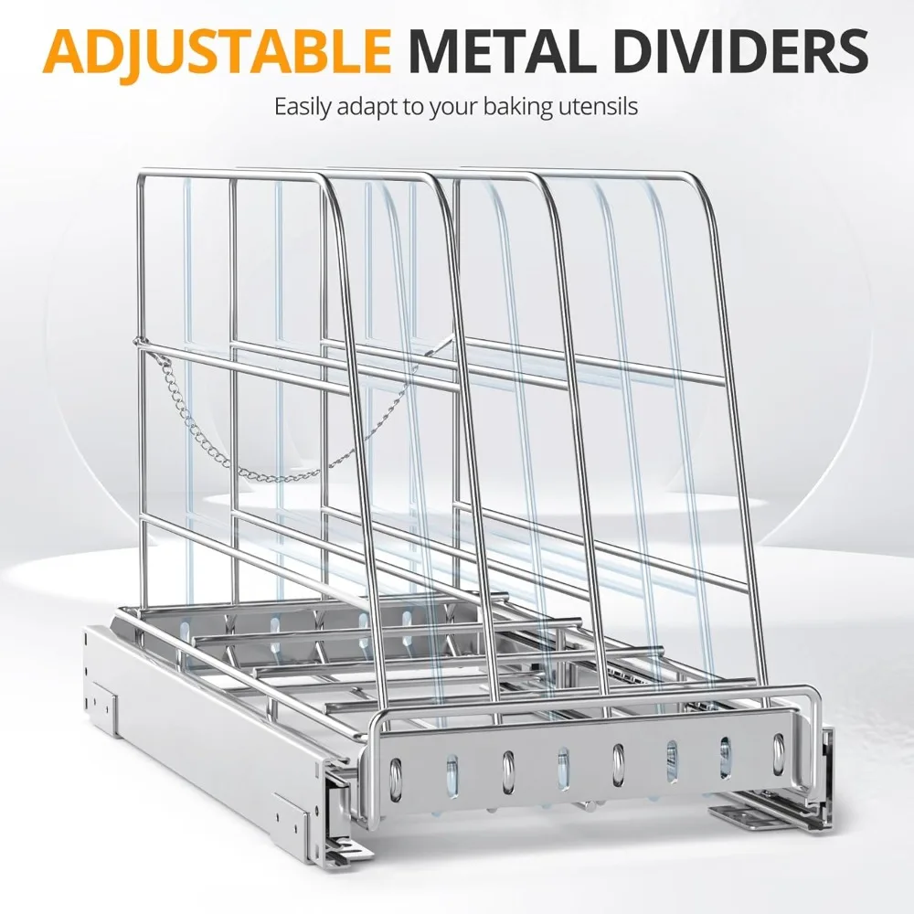 Stainless Steel Pull Out Cabinet Organizer for Cutting Boards & Bakeware - Heavy Duty Sliding Rack (9x16.5in)