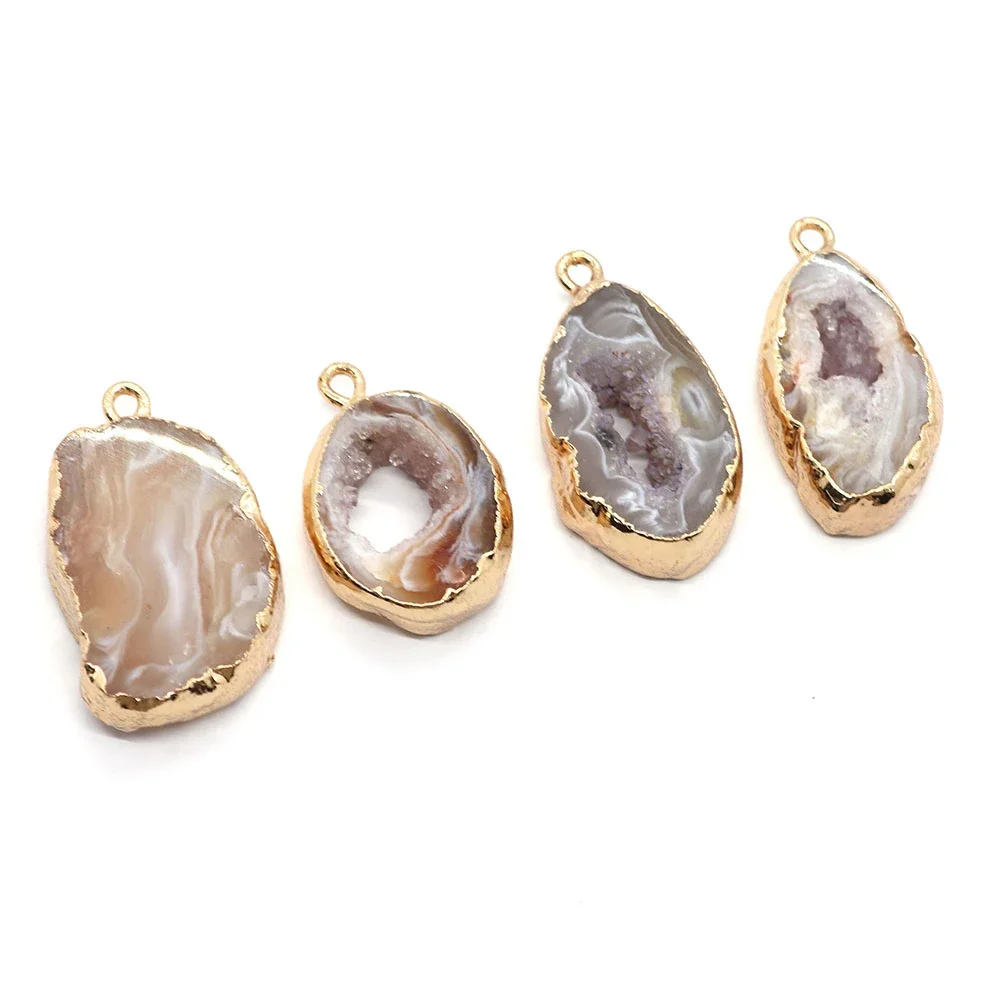 Natural Stone Gray Agate Druzy Pendant Gilt Edge Connector DIY Necklace Bracelet Jewelry Accessories Gift Making Irregular