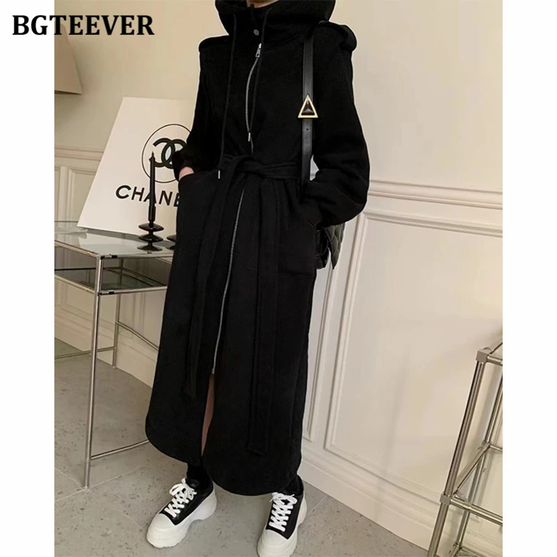 BGTEEVER Autumn Winter Thicken Loose Female Pullover Sweatshirt Dress Long Sleeve Pockets Women Lace-up Hooded Mid-Length Dress