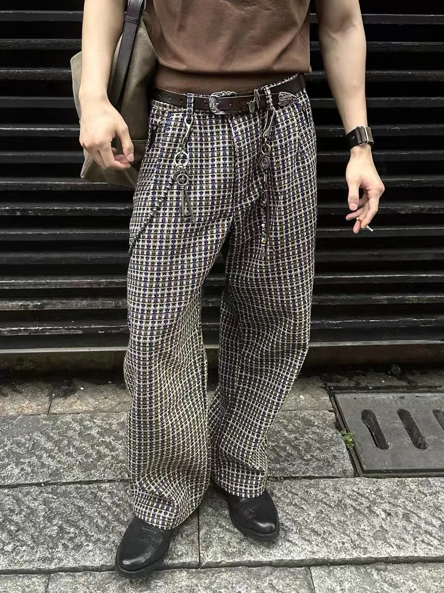 

American Retro Plaid Texture Folded Wide Leg Pants Men Casual Loose Long West Pants Straight Tube Trousers Polyester Fiber