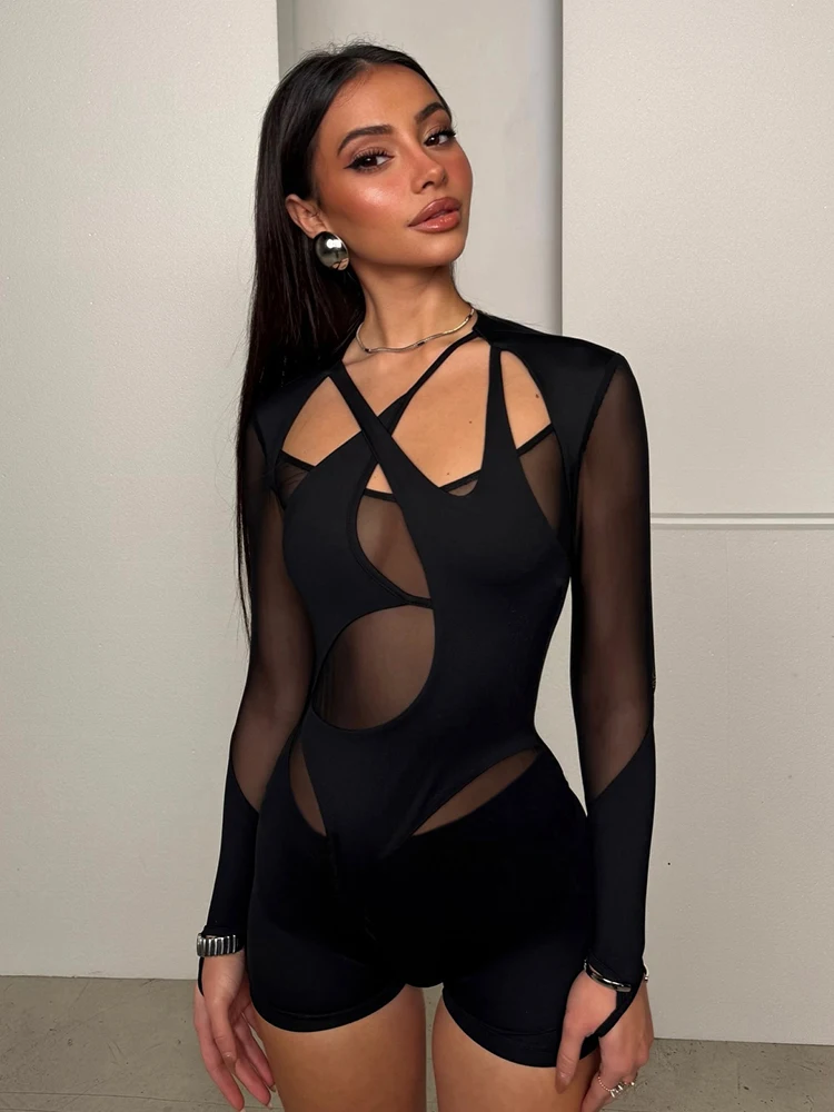 Strano Puss Hollow Cross Pagliaccetto Donna Sexy Coquette Maglia di mezzanotte Patchwork Irregolare Manica intera Stretch Skinny Club Tutina