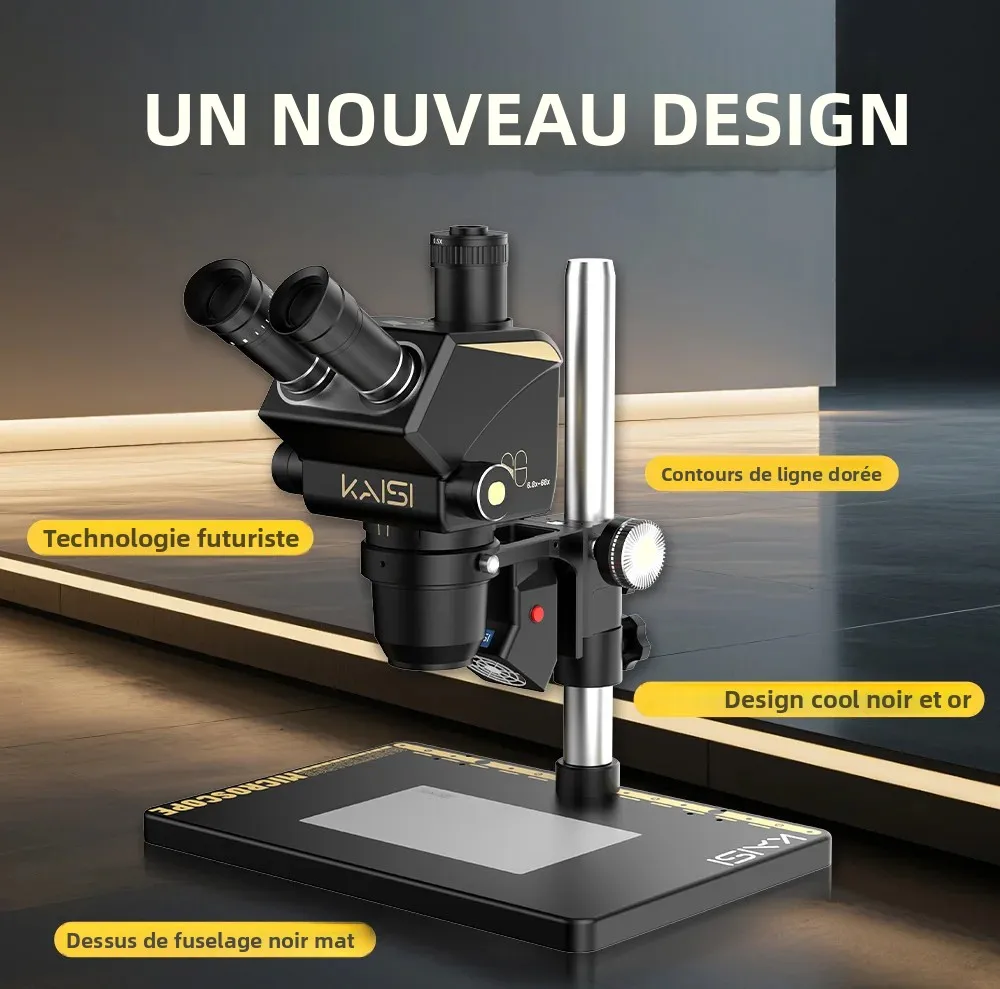 Microscope stéréoscopique trinoculaire industriel Kaisi S6, zoom continu 6,8-68X, pour bijouterie, soudure de pièces, réparation de téléphones, soudure de circuits imprimés
