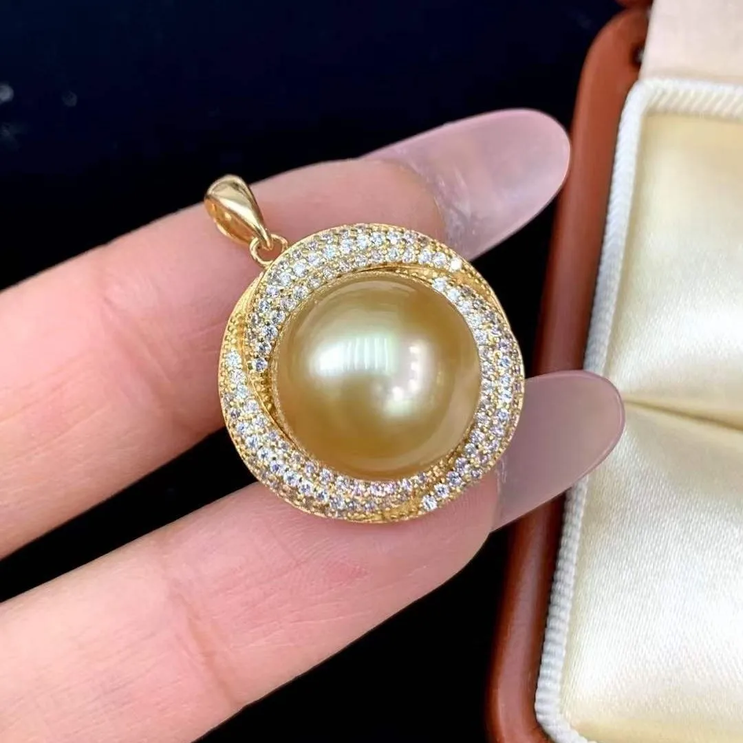 

12-13mm Natural South Sea Golden Pearl Pendant, Seawater Pearl Necklace Round Iridescent Slight Flaws, 925 Silver Jewelry Gift