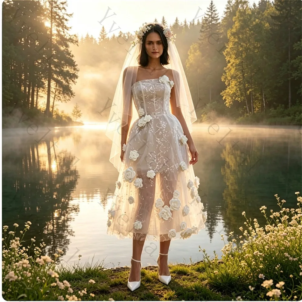Customized  Graceful Temperament Flowers Wedding Dresses Strapless Midi Length See Through Sequined Fascinating Bridal Gown