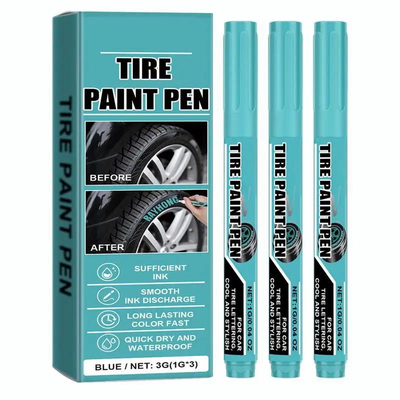 Tire Paint Refinishing Pen For Car Waterproof Blue Paint Pen For Auto Tire 3X Automotive Black Car Scratch Remover Pen