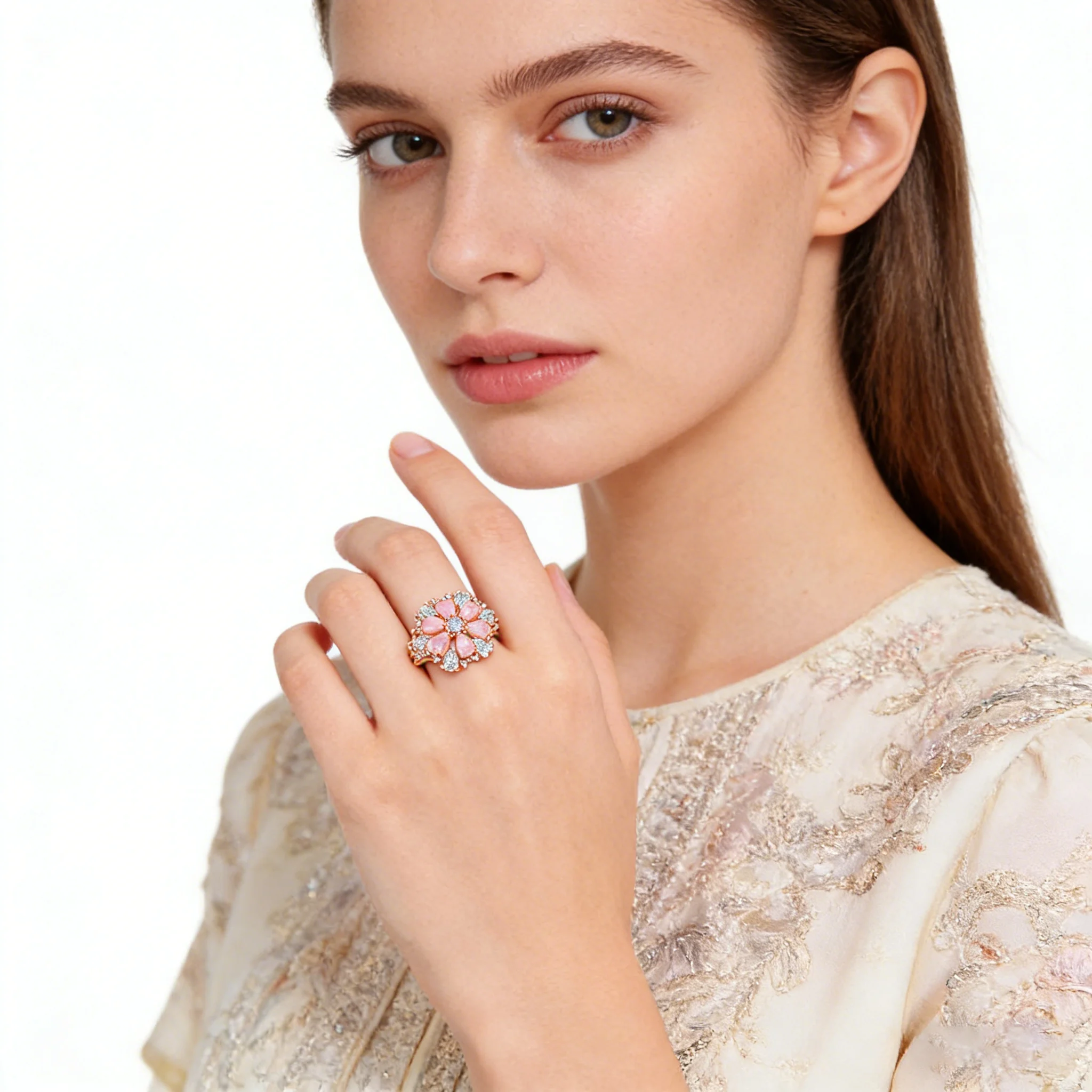 Luxury Flower Pink Opal Cubic Zirconia Ring for Women Rose Gold Plated Wedding Band Best Gift for Girls