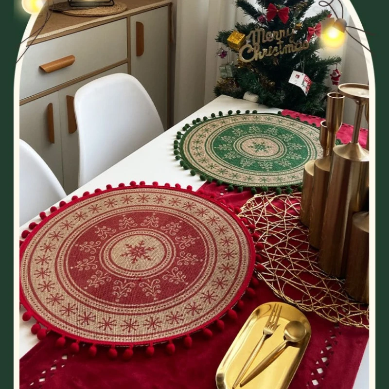 Round Placemats Set of Jute Woven Table Mats Pad with Pompom Christmas Table Decor Kitchen Accessories Cocinas Accesorio Moderno