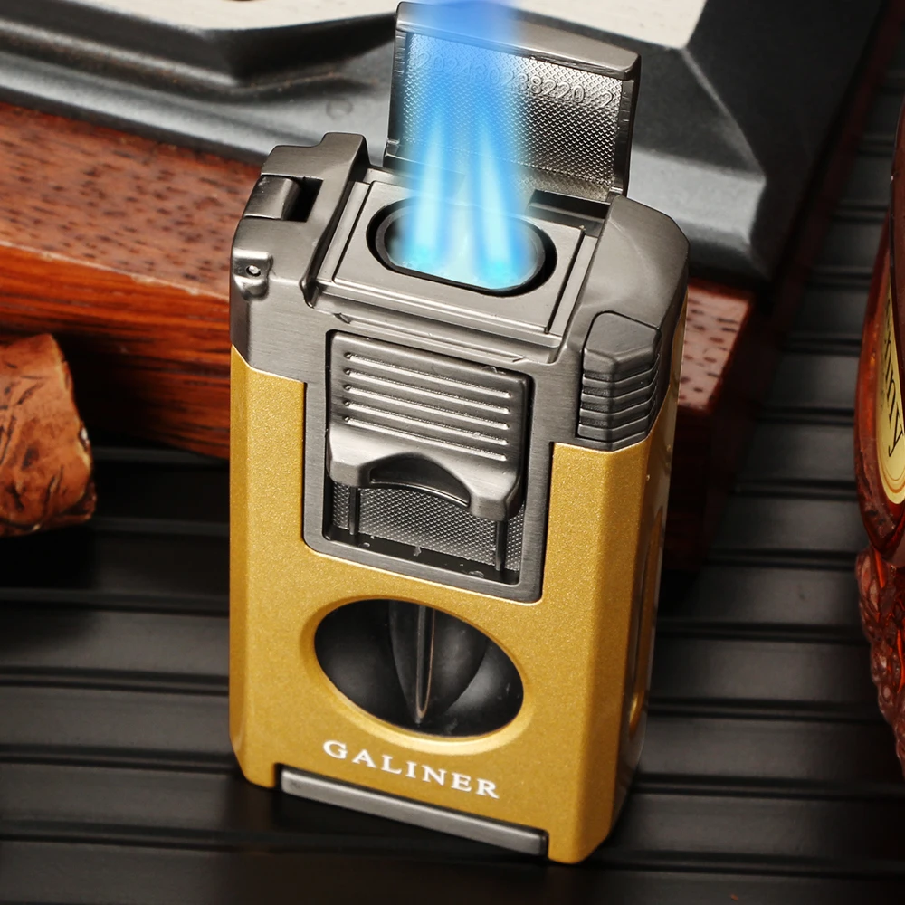 

GALINER металлическая зажигалка для сигар, газовая бутановая горелка, зажигалка с V-образным резаком или гильотином, иглы для сигар, перфоратор