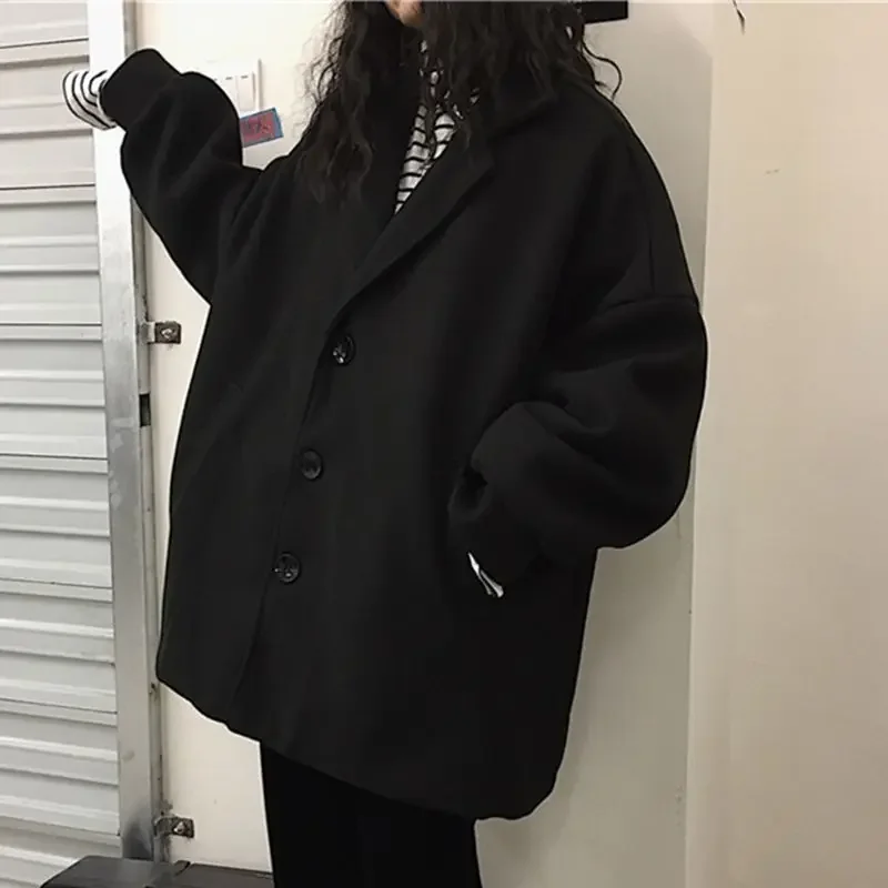 

Blends Coat Women Harajuku Winter Warm Black Couple Outwear Cozy Solid Minimalist Casual Unisex Vintage New Korean Style Loose