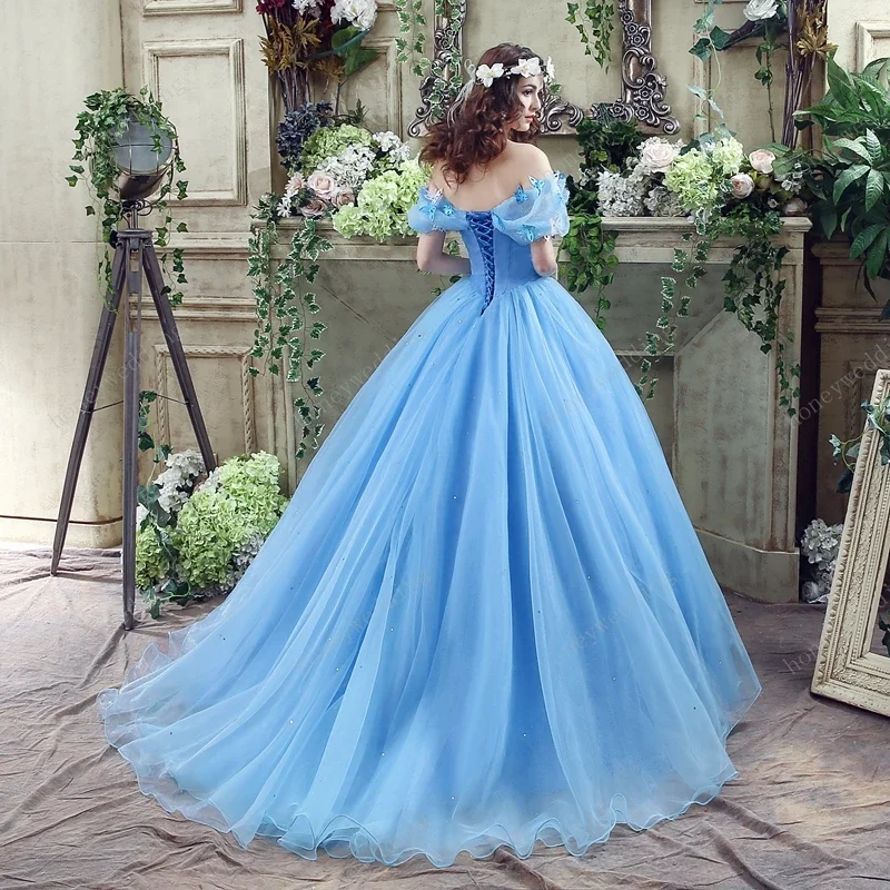 Cổ Tích Vestidos De Dulces 16 Quinceanera Áo Xanh Dương Nhạt Lệch Vai Bướm Đàn Organ Ngọt 15 Hóa Trang Bóng Đồ Bầu