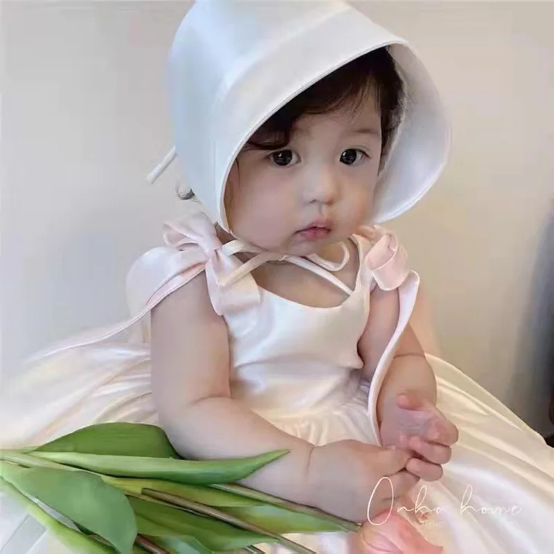 White Toddler Kids Satin Flower Girl Dress for Wedding First Birthday Ceremony Party Princess Communion Ball Gown for 1-14 Girls