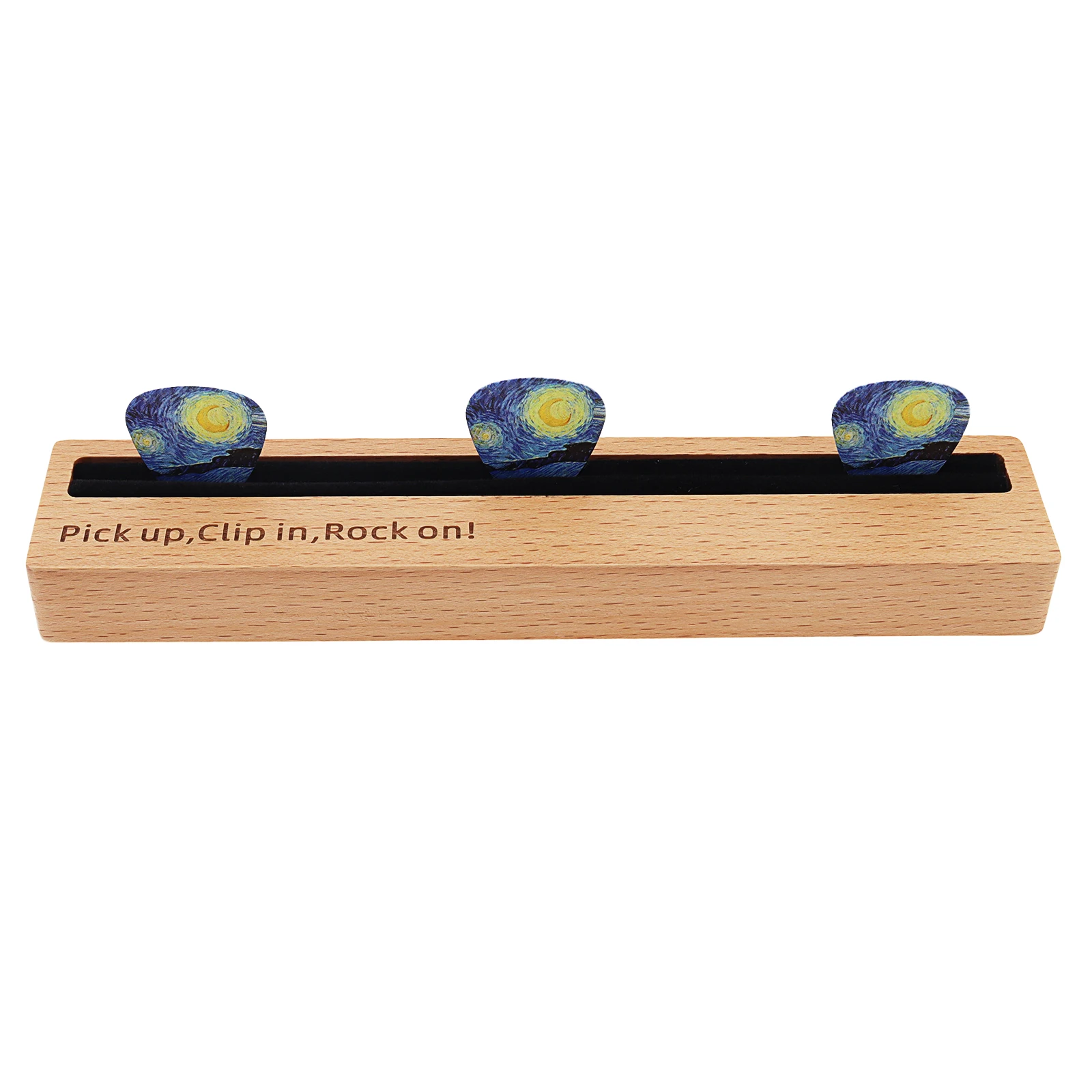 Beechwood Guitar Pick Holder Stand for Guitar Players Gift with 3 Starry Pattern Picks Plectrum Storing Displaying Base