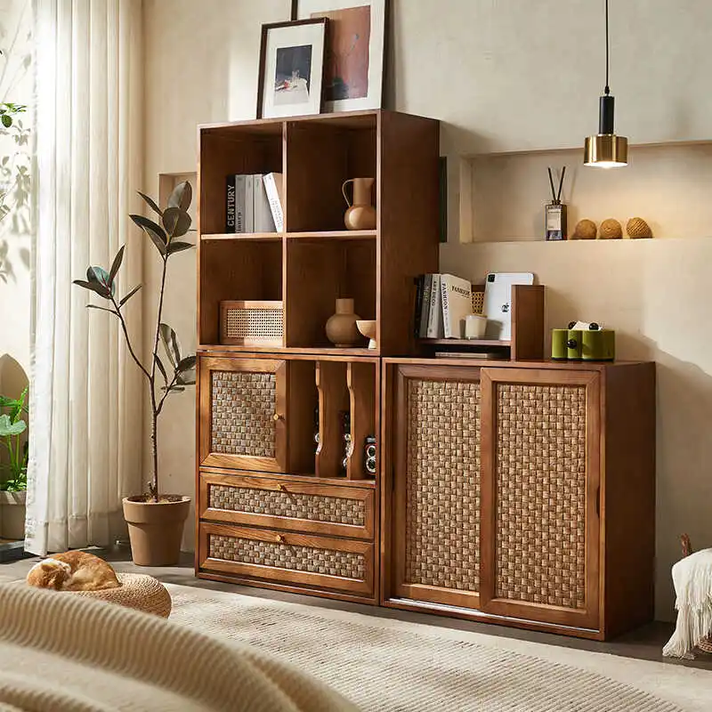 

Nordic retro multi-functional integrated solid wood free combination cabinet living room storage bookcase locker floor locker