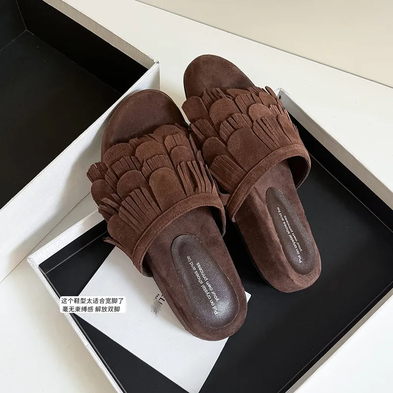 Dilalula 2025 Genuine Leather Fringe Slippers Women Peep Toe Med Wedges Heels Casual Outdoor Mules Female Vacation Walk Shoes