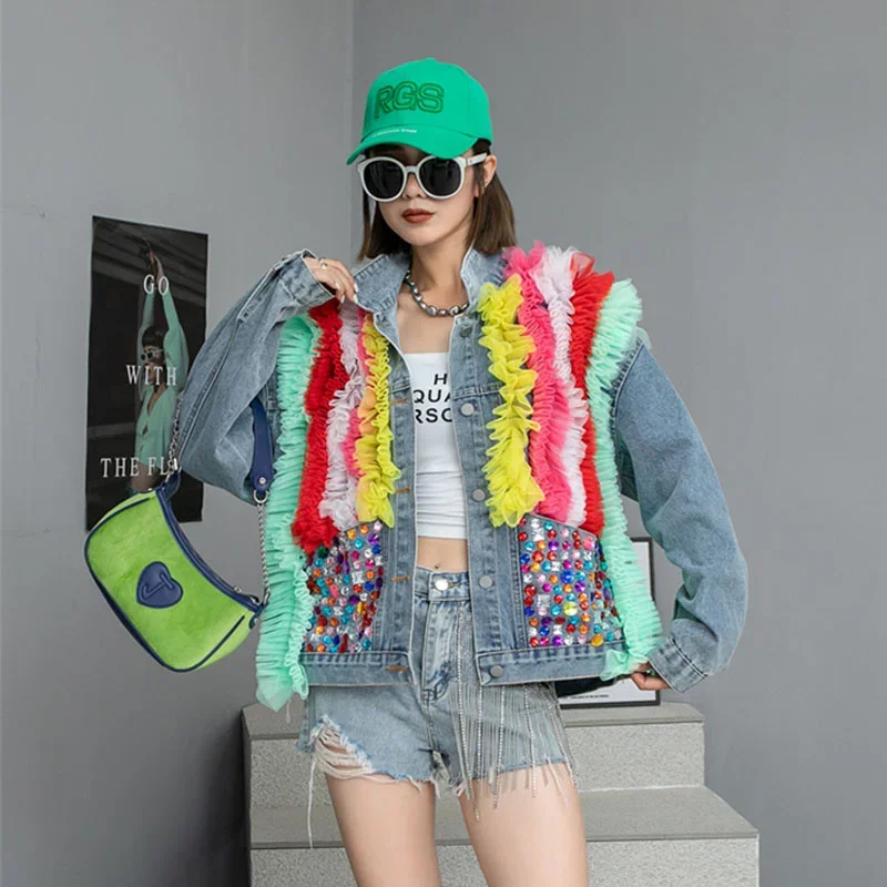 

Fashion Casual Blue Black Short Jeans Jacket Spring New Women Colour Mesh Stitching Diamonds Big Pocket Denim Coat Streetwear