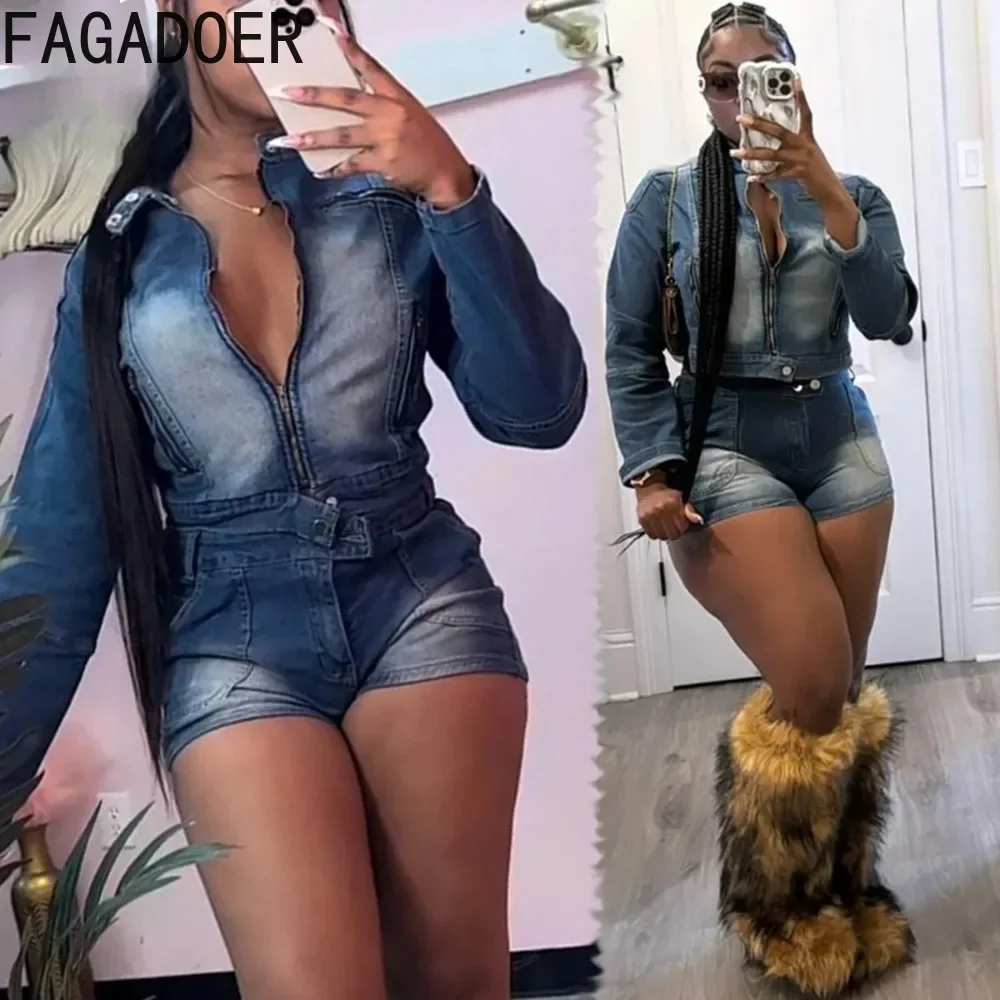 FAGADOER Retro Denim 2 Piece Sets Women Outfit Zip Crop Denim Jacket + Shorts Sets Stretchy Suits Female Streetwear Clothing