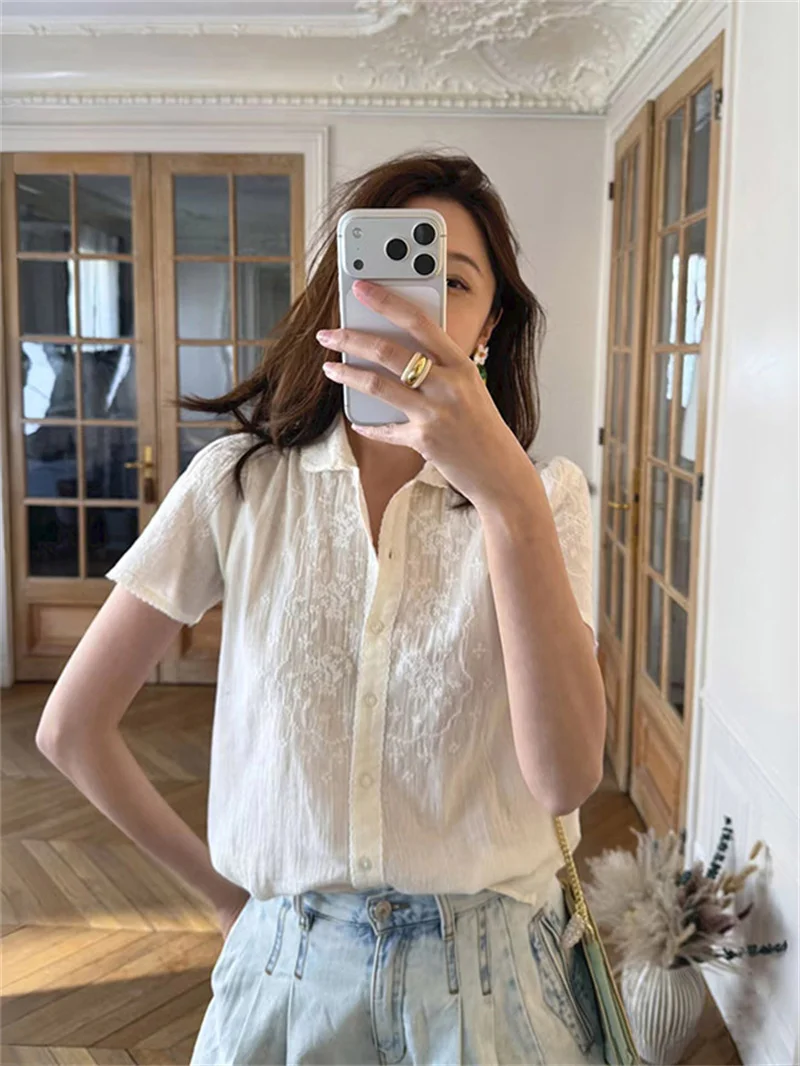 White Women Single Breasted Casual Shirt Tops Short Sleeve Turn-Down Collar Embroidered Flowers Lady Cotton Blouse 2026 New
