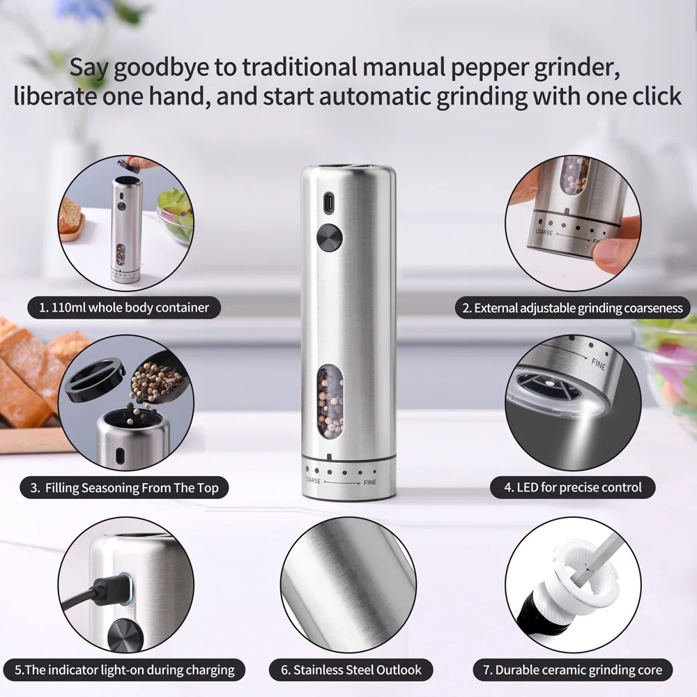 1PC/2PCS USB Rechargeable Automatic Pepper Grinder Set Salt And Pepper Mill Adjustable Coarseness Spice Grinder for Kitchen