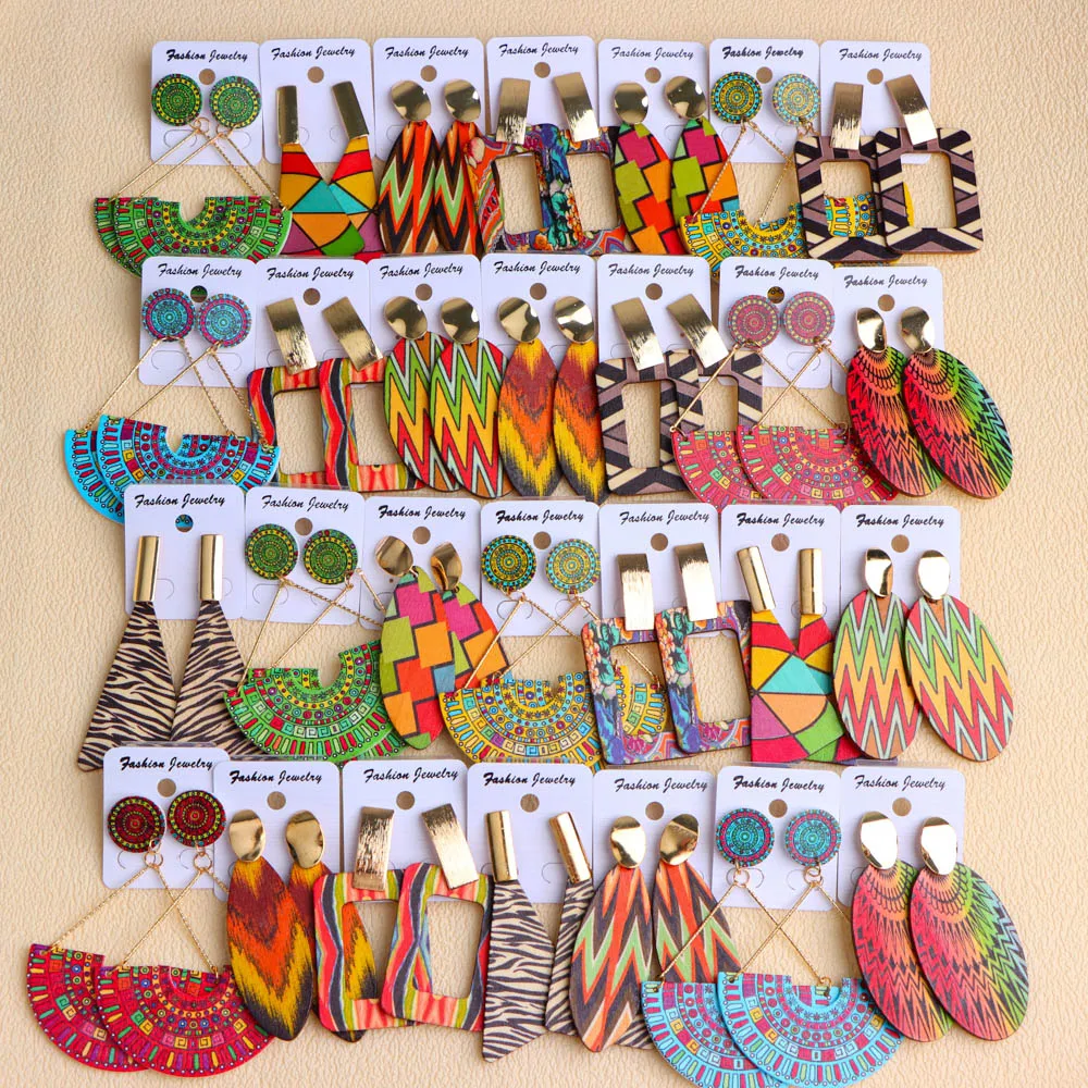 20Pairs/Lot Tie Dye Colorful Abstract Women\'s Wooden Earrings Bohemian Retro Hollow Hanging Earrings Daily Holiday Jewelry