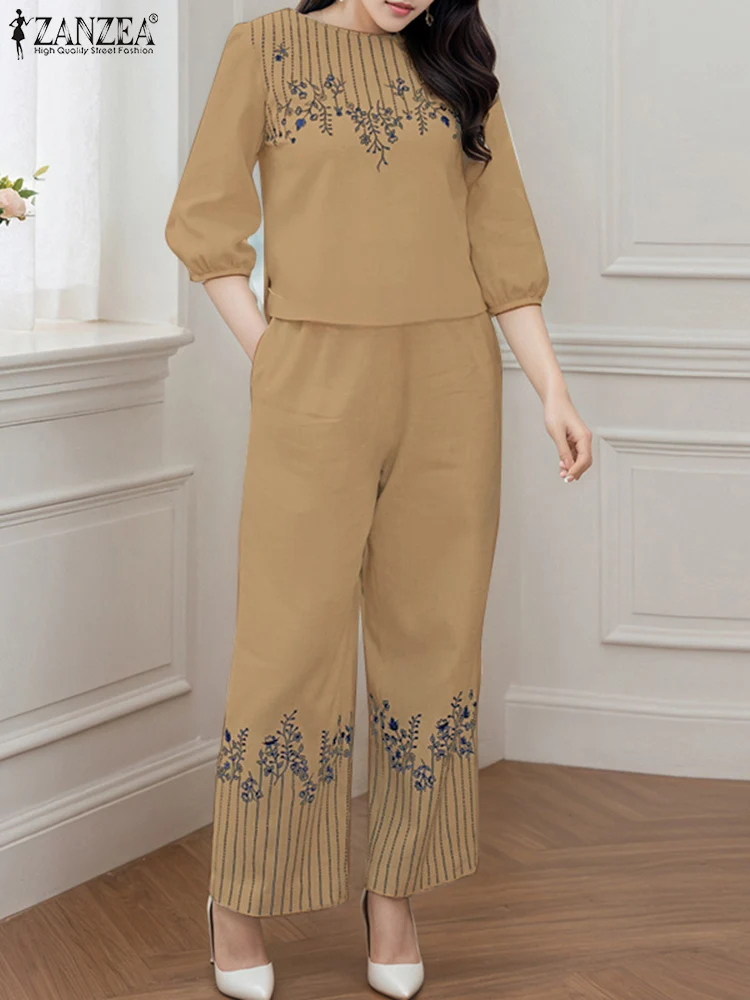ZANZEA Frauen Breite Bein Hosen Sets Retro Gedruckt Bluse Hosen Elastische Taille Taschen Büro dame Anzüge 2025, Casual Passenden Sets