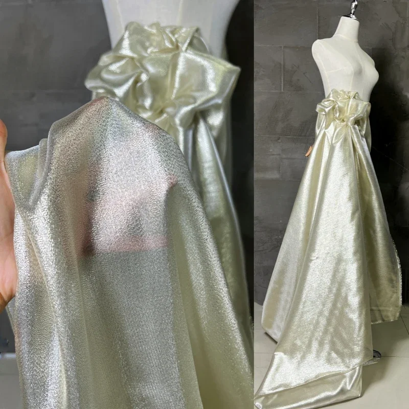 ミジン-光沢のあるシルク生地,反射性のある金属製の舞台服,インドの糸の衣類,シャンパンカラー,ゴールドとプラチナ,光沢のある表面