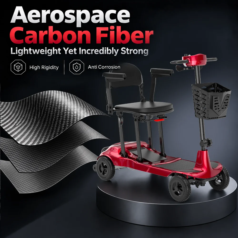 Carbon Fiber Folding Mobility Scooter 12.5kg Ultra Lightweight 4 Wheel Electric Scooter For Elderly With Brushless Motor