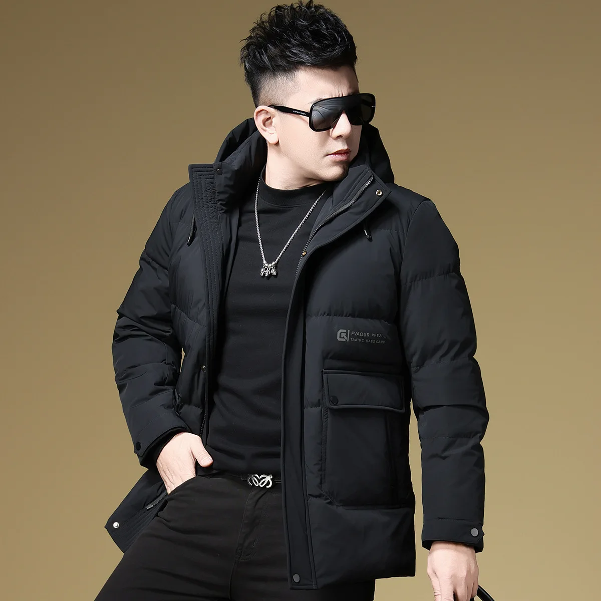 

Men's Winter Thiened Du down Jaet Hooded Mid-Length Bla Warm Coat Faionable Brand Casual Ci Wear Retro Sle